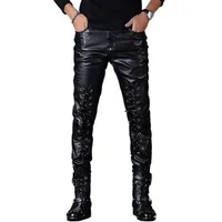 2024 Men's Autumn Slim Fit Feet PU Leather Pants Youth Tight Motorcycle plus Velvet Leather Pants 5