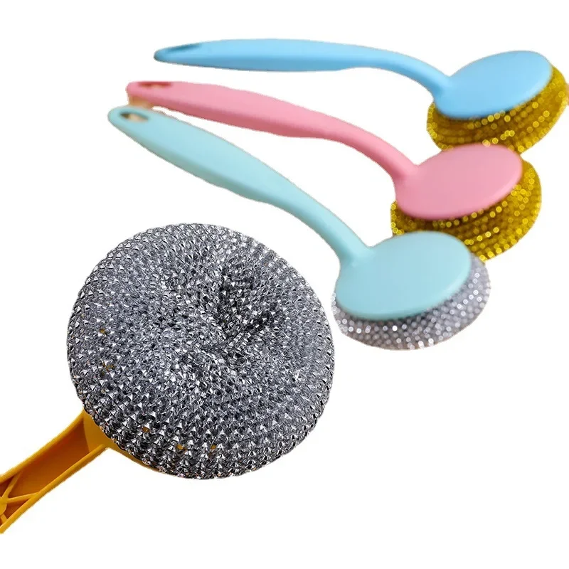 thumbnail image 1 of Cepillo de limpieza de platos con bolas de alambre de acero, cepillo de limpieza de platos con mango largo de acero inoxidable, limpiador de bolas de esponja para lavar ollas, platos, sartenes y cuenc, 1 of 4