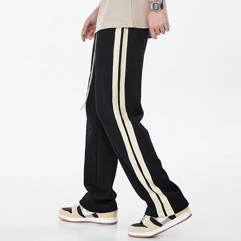 Korean Fashion Men Clothing Harajuku Straight Pants Spring Autumn New Streetwear Casual Contrast Striped Loose Wide Leg Trousers
