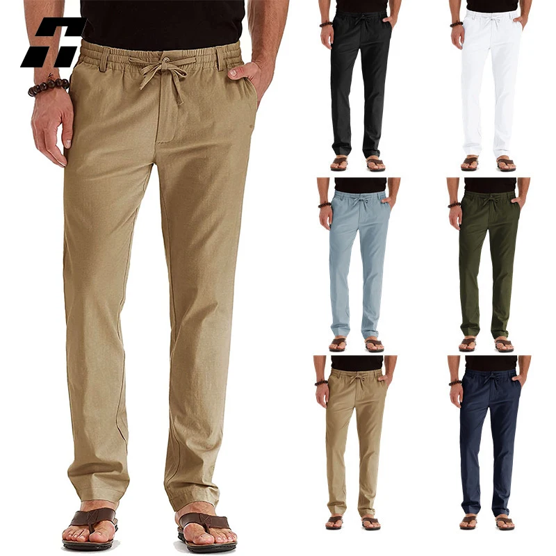 New Casual Pants Men Business Straight Breathable Cotton Linen Trousers Male Slim Fit Elastic Waist Khaki Men's EUR Size |