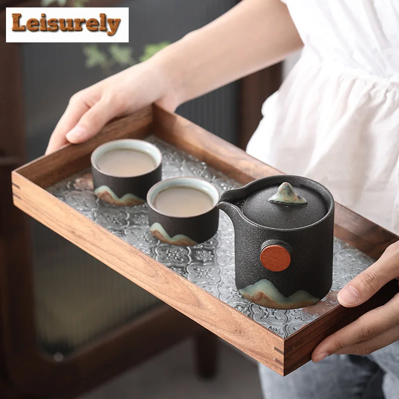 Japanese Hand-painted Mountain Tea Set Kit Vintage Coarse Pottery Set of Cups Teapot and Cups Tea Making Outdoor Portable Bags