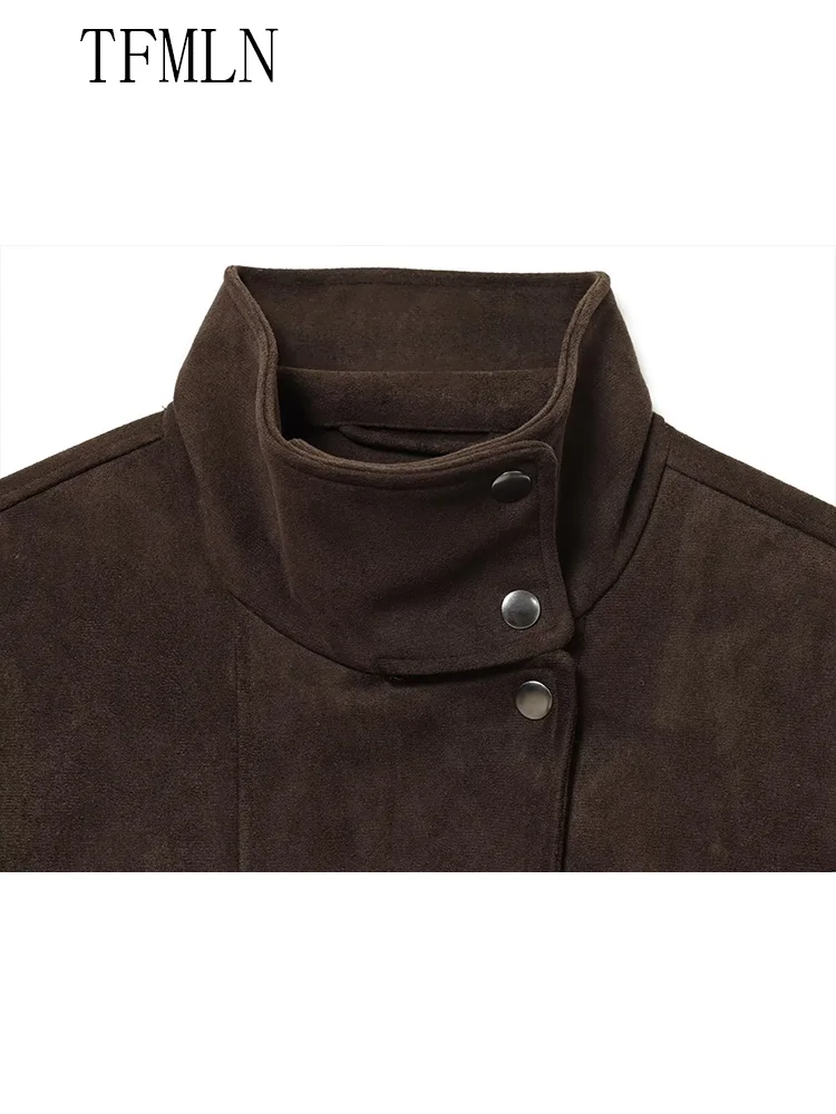 2025 Autumn Women Causal Jackets Fashion Chic Zipper Long Sleeve Street Style Coats Vintage Stand Collar Pockets Ladies Outwear