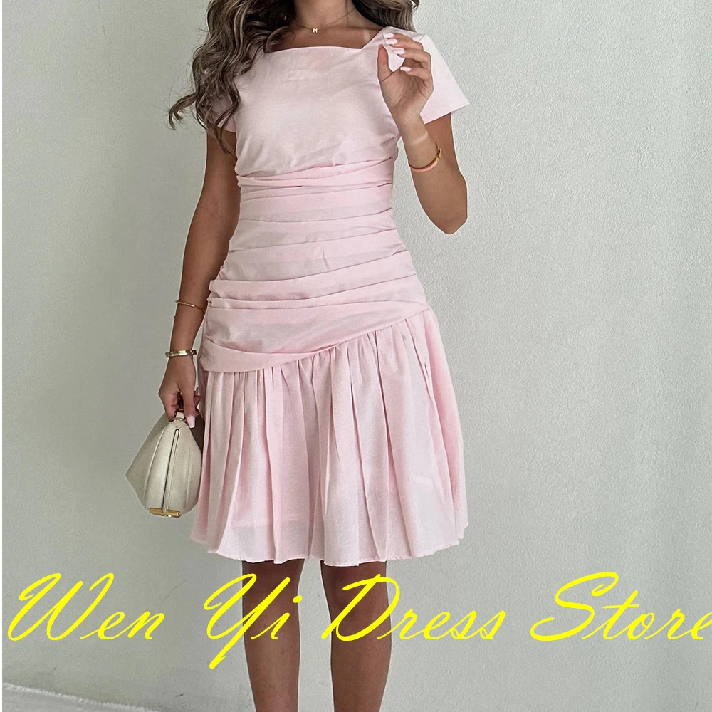 CustomizedSquare Neck Chiffon Short Sleeves Formal and Modern Cocktail Dresses Pleats A-Line Above Knee Length Special Occasion