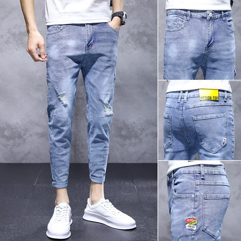 Denim Jeans 2022 Summer New Casual Pants Jean Slim Elastic Small Feet Light Color Ripped Hole Youth Teenager Ankle Long Pants