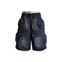 American street oversized washed vintage multi pocket women workwear denim shorts high waisted straight leg pants - Image 5