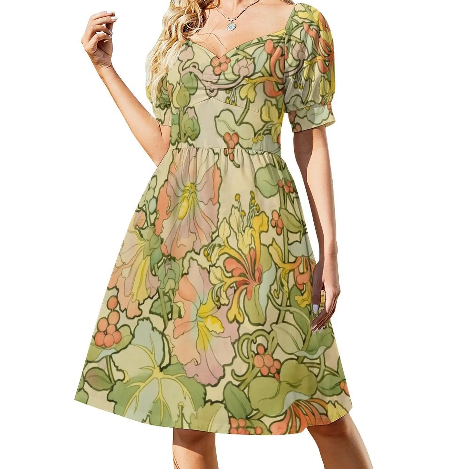 thumbnail image 1 of Alphonse Mucha (1860 – 1939) Flores diseño textil Vestido de manga corta Ropa estética Vestido de mujer ropa de mujer Vestido, 1 of 7
