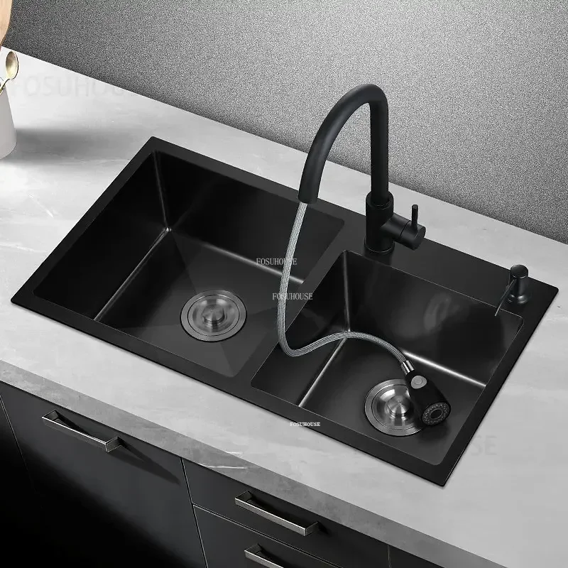 Thickened Kitchen Accessories Nano Handmade Kitchen Sinks Stainless Steel Black Double-slot Home Washbasin With N 4