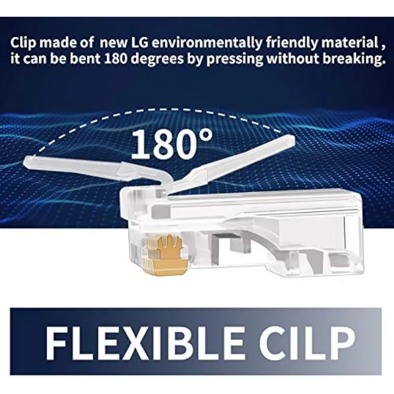 RJ45 Cat6 Cat6a 패스스루 커넥터 금도금 8P8C 모듈러 플러그 (23AWG 트위스트 페어 와이어 및 표준 케이블용) (100개)