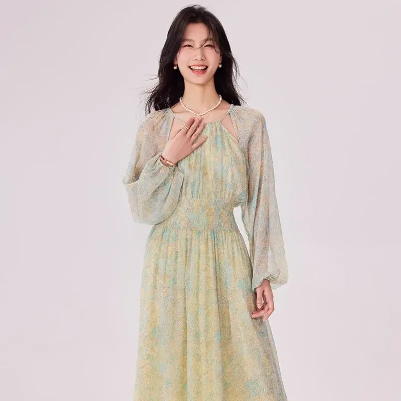 

Green Long Sleeve Round Neck Range Chiffon Dress Printed Paramount Crepe Long Dress Summer 2024 Summer New Fashion Womens