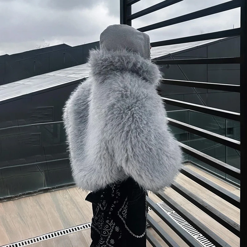 Fluffy Faux Mongolian Fur Coat for Women Winter Warm Furry Tibetan Sheep Fur Jacket Chic Female Shaggy Overcoat