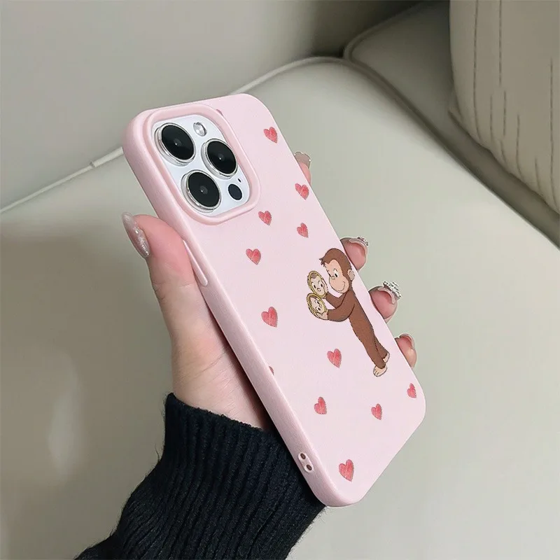 Playful Monkey Pink TPU Phone Case with Heart-Shaped Pattern