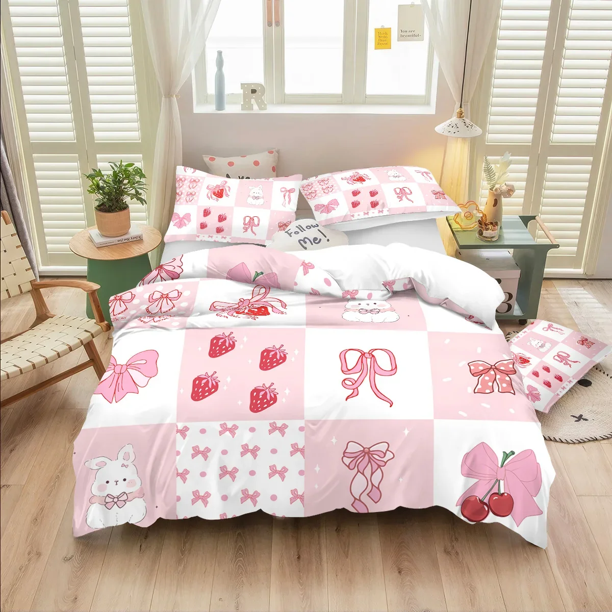 Pink rabbit bow bedding set strawberry print (1 set +2 pillowcases, no core), bedding, various size to meet different needs