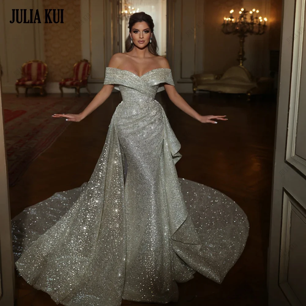 

Julia Kui Luxury Bling Lace Mermaid Wedding Dresses Ruched Pleats Off Shoulder Sleeves 2 In 1 Shiny Trumpet Bridal Gowns