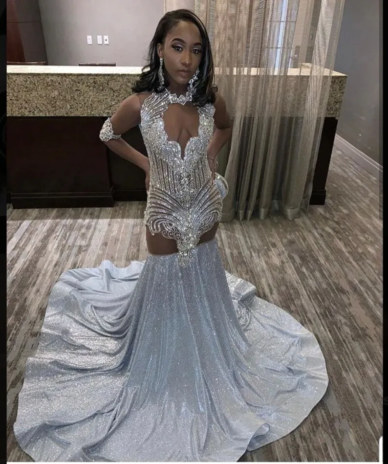 

Sparkle African American Prom Dresses Mermaid Sheer Sequins Beaded Black Girls Nigeria Robe De Soiree Evening Dress Gown