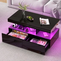 Rosahqnda Table basse, table de salon, haute brillance, LED et 2 tiroirs, adaptée au salon, blanc, MDF 4