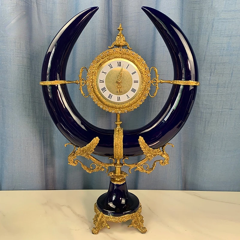 

Copper Blue Glaze round Tooth Fireplace Clock Decoration Copper Clad Porcelain Soft Outfit Model Room Villa Decoration