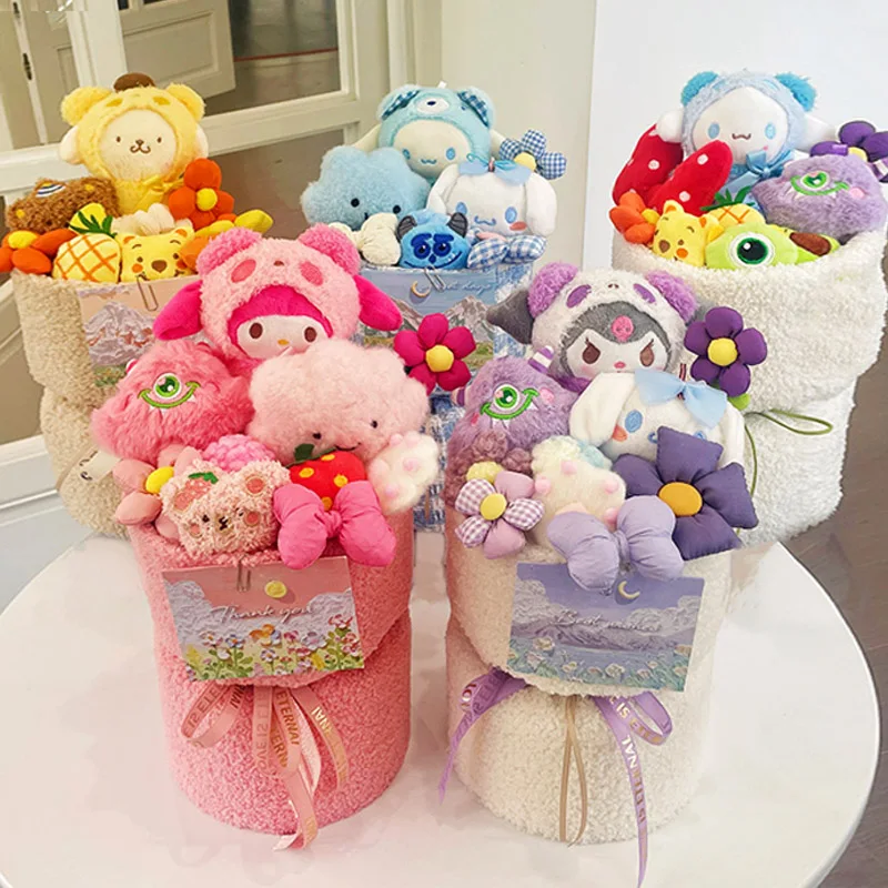 Cute Sanrio Kuromi Cinnamoroll Melody Plishie Soft Doll Bouquet Cartoon Doll Kid Toy Gift Bag Tape Lights Set Girl Birthday Gift yeon cha small cotton sticker book 3 6 years old girl change sticker sticker sticker picture sticker book ledger sticker tape