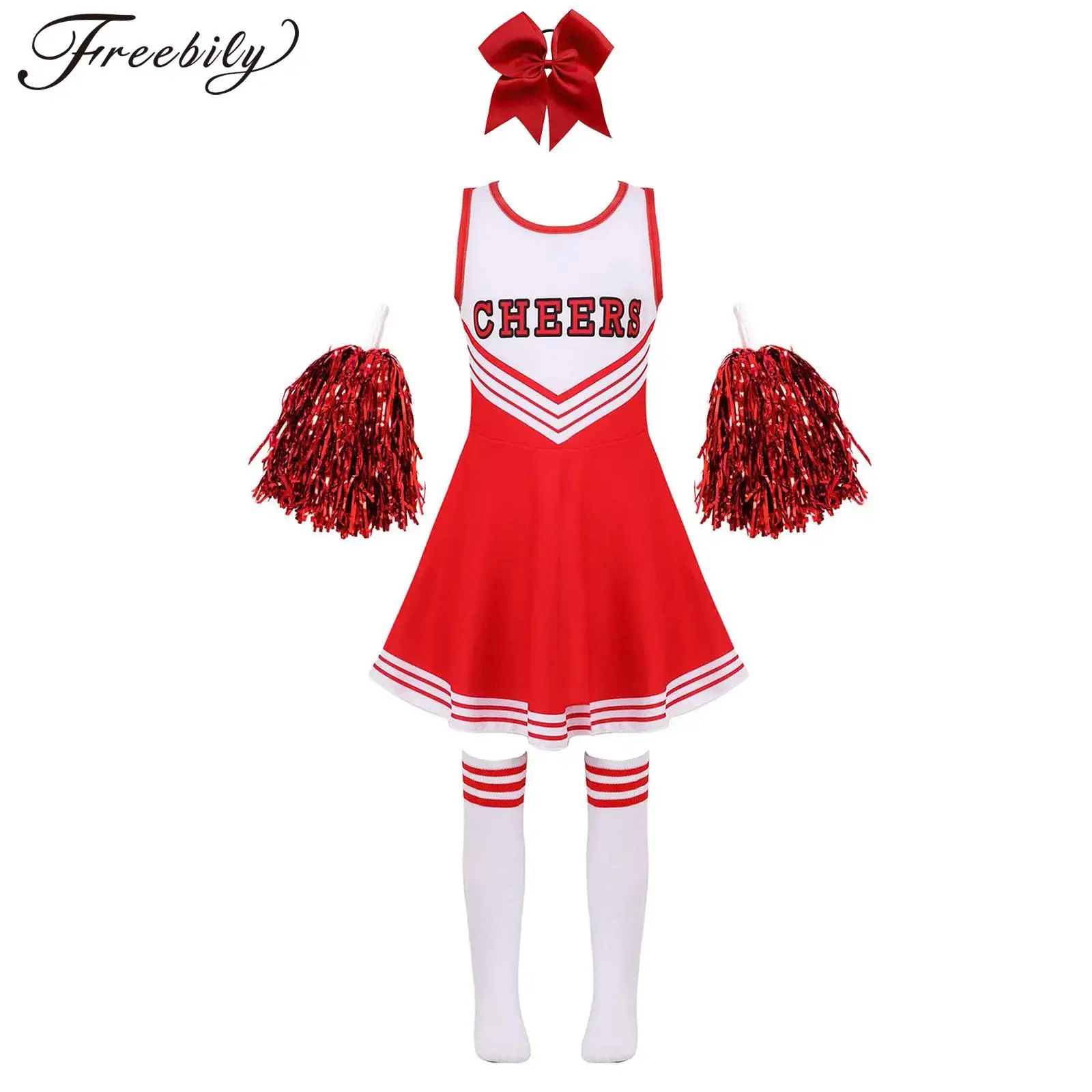 

Kids Girls Cheerleading Dance Performance Costume Sleeveless Dress with Hand Flowers Socks Headwear for Party Sports Meeting