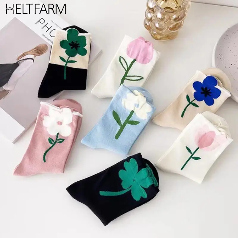

Fashion Middle Tube Socks Autumn Winter Candy Color Flower Sock Women Breathable Socks Japanese Style Harajuku Kawaii Socks
