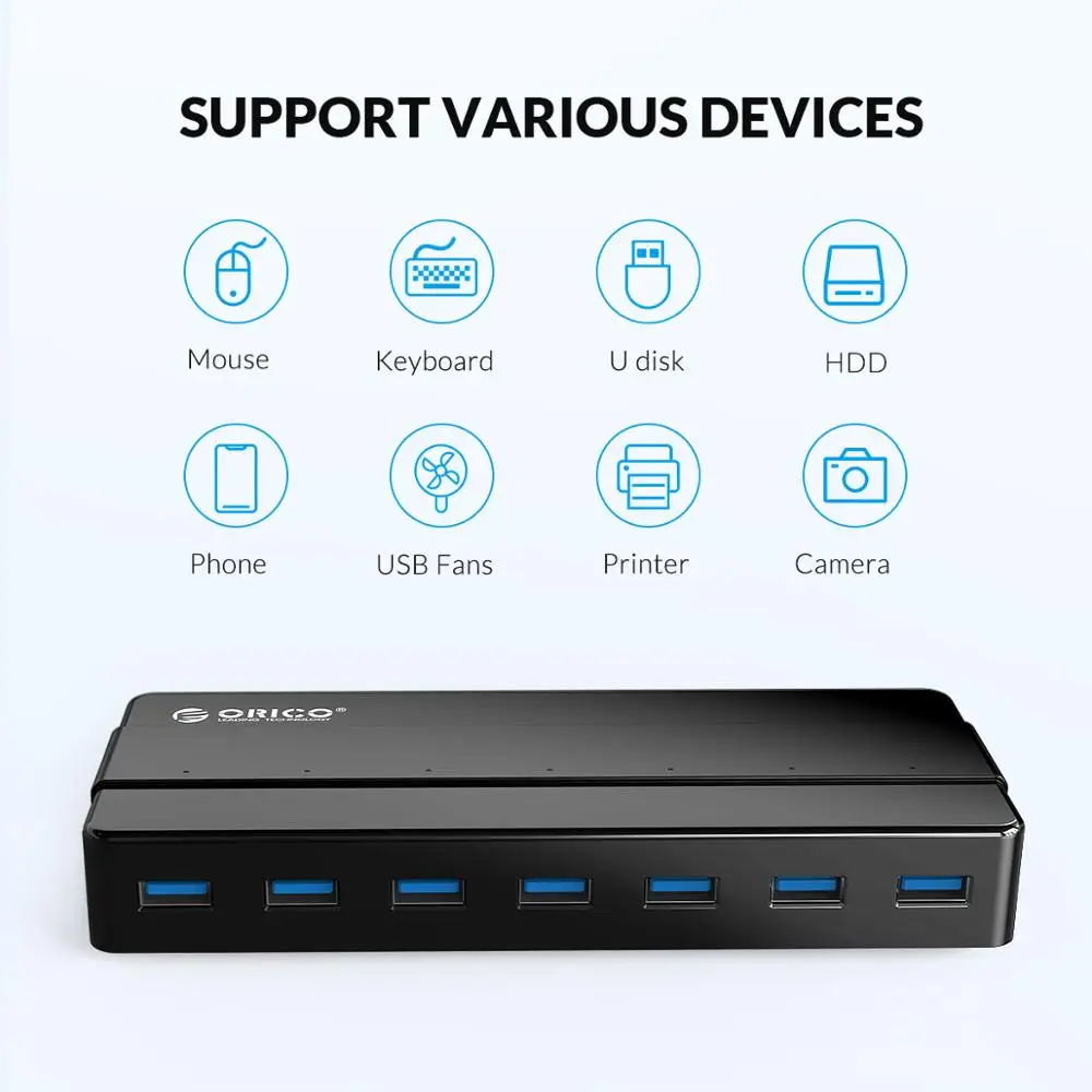 ORICO 7-Port High-Speed USB 3.0 Hub with Power Adapter