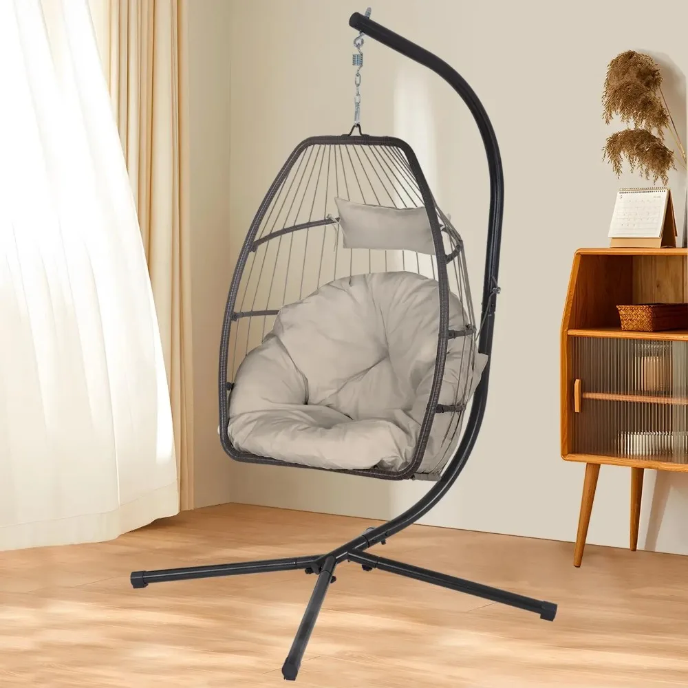 Egg Hanging Chair with Stand Hammock Wicker Basket Hanging Patio Swing Chair UV Resistant Cushion for Indoor Bedroom 6