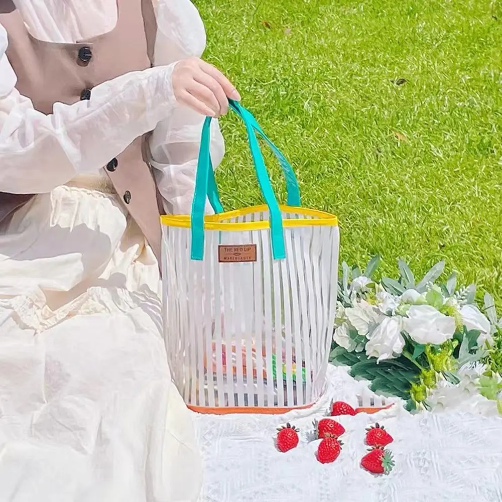 Large Capacity Transparent Handbag Waterproof Stripe Print Beach Bag Wash Bag Protable Travel Shopping Sundry Storage