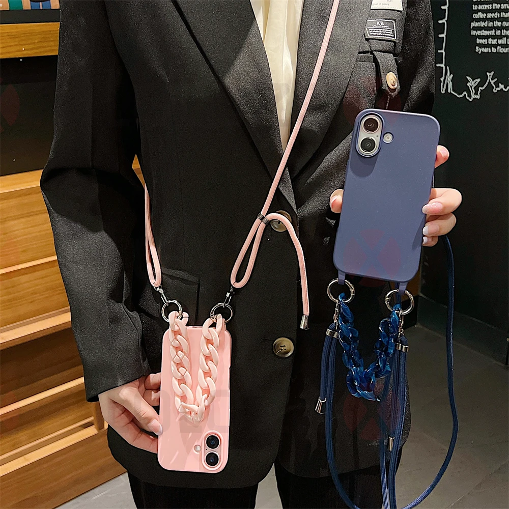 Luxury Crossbody Necklace Strap Soft Silicone Candy Color Phone Case For iPhone 15 14 13 12 11 16 Pro Max Acrylic Bracelet Cover_voghion.com