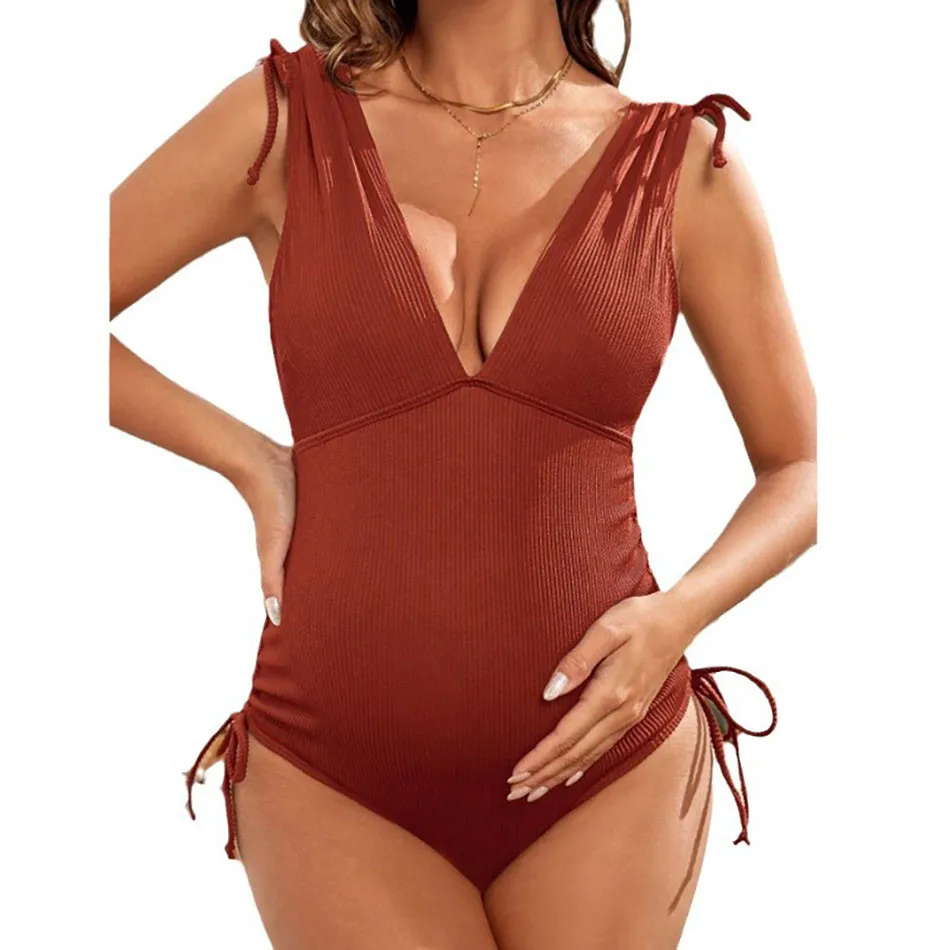 

Pregnant Women Swimsuits Coffee Colored Stripe Adjustable Jumpsuit Triangle Pants Comfortable Swimwear Maternity Clothings