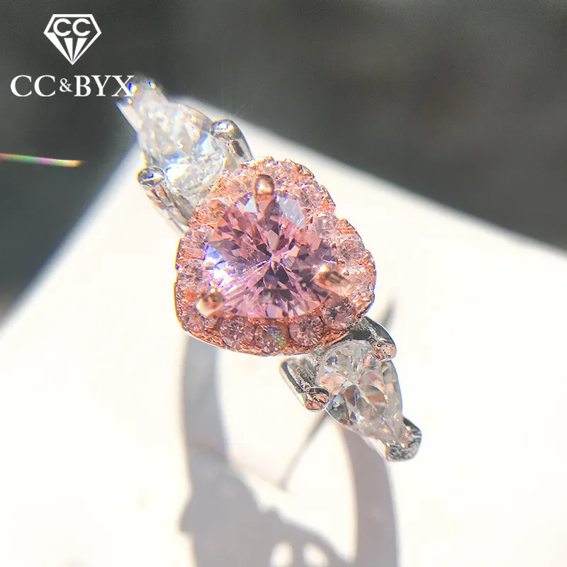 Women Rings Princess Propose Marriage Pink Heart Cubic Zirconia Engagement Wedding Jewelry