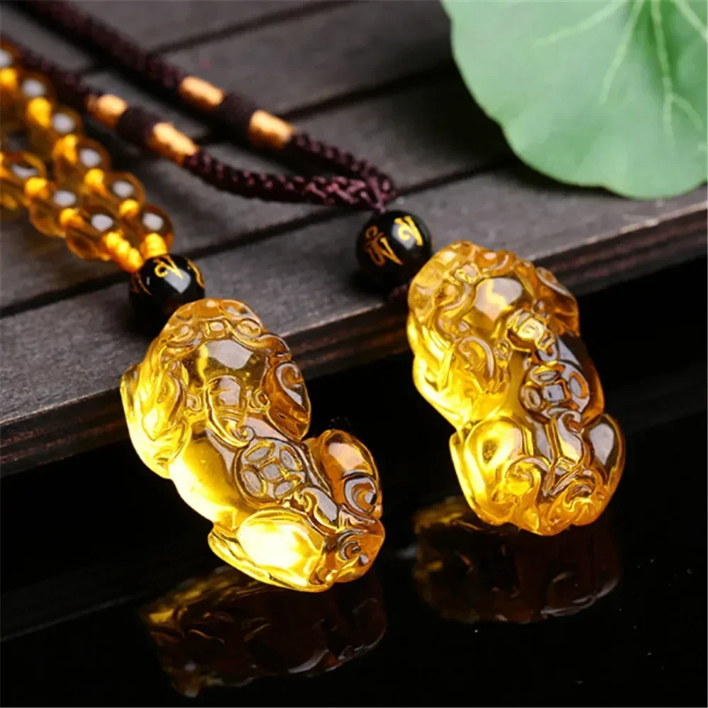 Hand Carved Natural Citrine Pixiu Pendant Necklace Men Women Bring Wealth Yellow Crystal Amulet Sweater Chain Jewelry pendant necklace