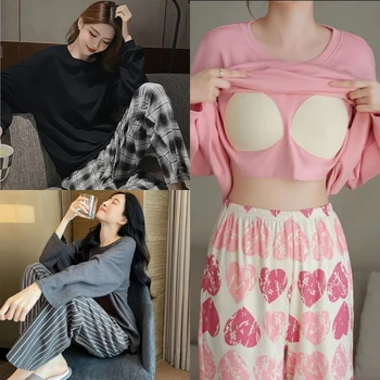 2PCS/Set Women Big Size with Chest Pads Pajamas Spring Autumn and Winter Long-Sleeved Headset Loose Homewear Can Be Worn Outside 1