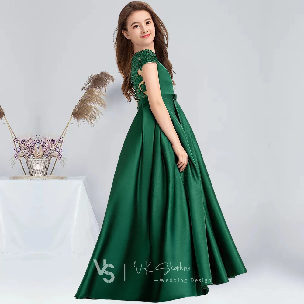 Ball-Gown/Princess Scoop Floor-Length Lace Satin Junior Bridesmaid Dresses With Bow Dark Green Flower Girl Dress Communion Dress 6