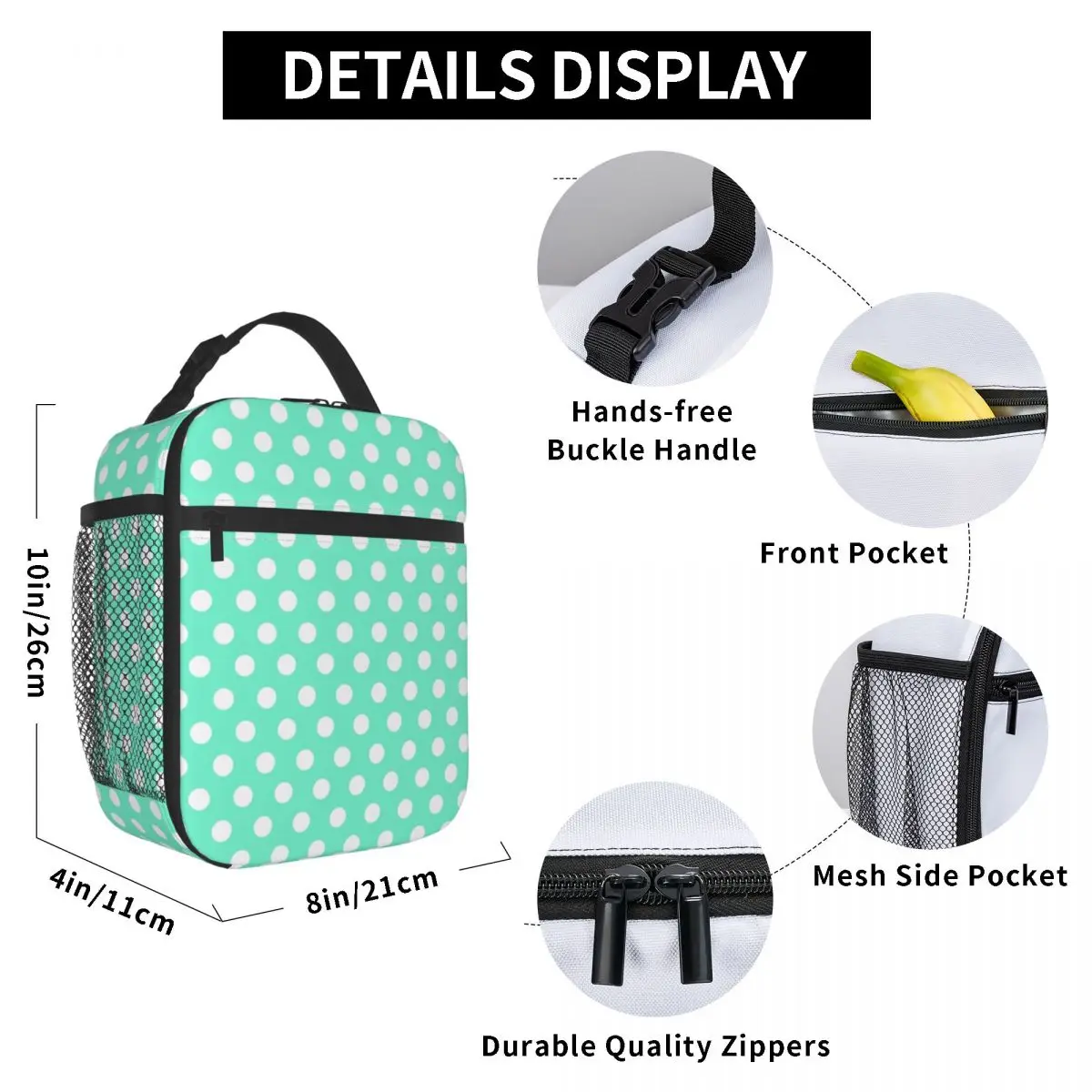 White Polka Dots On Mint Portable Lunch Box for Women Leakproof Thermal Cooler Food Insulated Lunch Bag Kids School Children