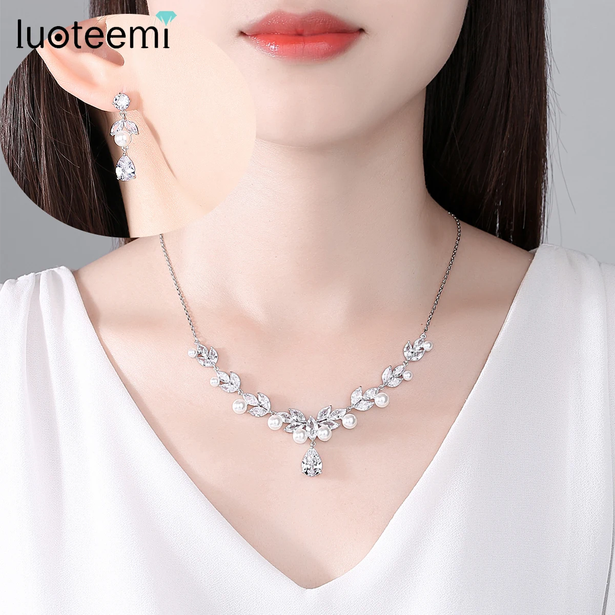 LUOTEEMI European and American Wedding Bridal Imitation Pearl Necklace for Women Cubic Zircon Bride Ceremony Party Accessories