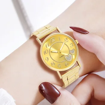 Gold 5PCS/Set Women Watch Fashion Light Luxury Love Element Dial Quartz Wristwatch Alloy Strap Watch Jewelry Set Gift For Her