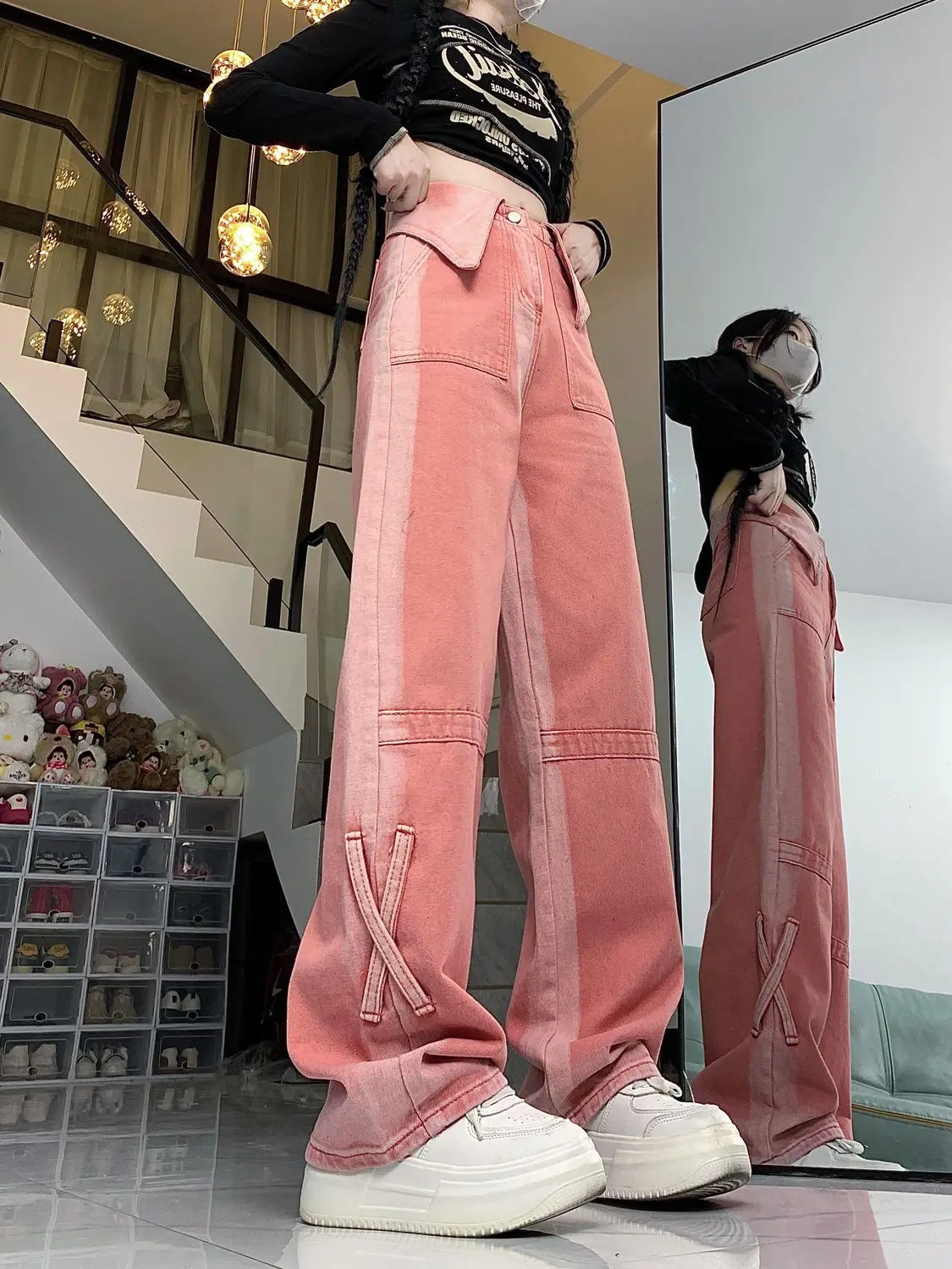 Jeans Flange Pink High Waist Baggy Harajuku Y2k Cowboy Pants Aesthetic Streetwear Women Vintage Wide Leg Straight Denim Trousers