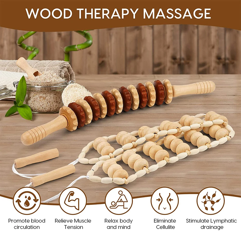 1/2Pcs Wooden Massage Roller Stick Portable Wood Back Roller Rope - Neck Leg Waist Back Pain Relief Deep Tissue Muscle Massager