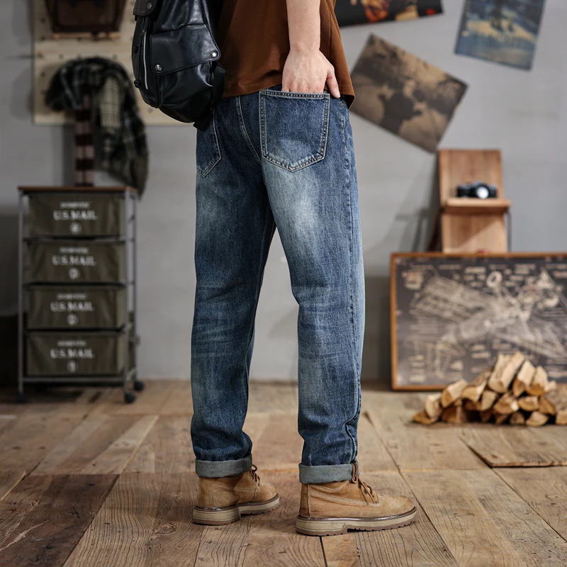 2024Large Size Men's Amekaji Jeans plus-Sized Loose Wide Leg Loose American Heavy Craft Casual Pants