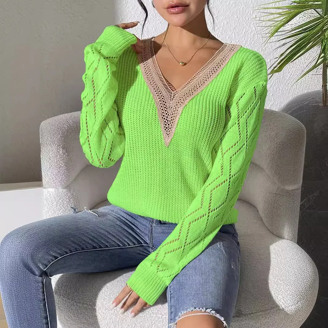 Women V Neck Long Sleeve Lace Knitted Pullover Sweater