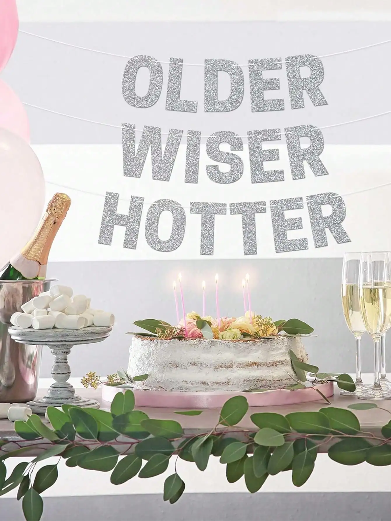 Funny Birthday Banner Older Wiser Hotter Glitter Black
