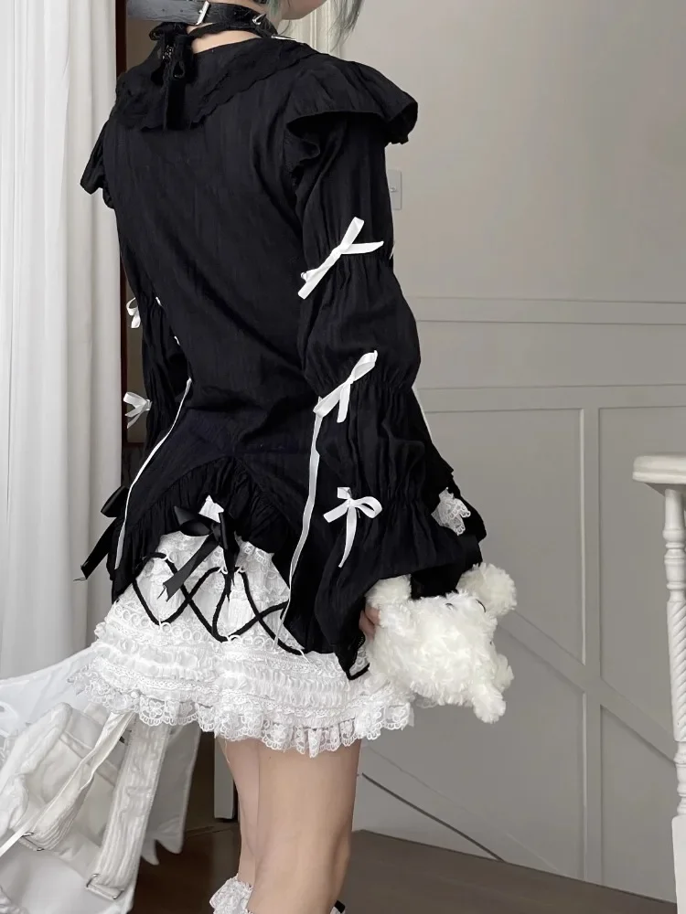 Deeptown Gothic Goth Y2k Harajuku Kawaii Lolita Shirt Cute Girls Bandage School Student Print Grunge Blouses 2024 Spring Autumn