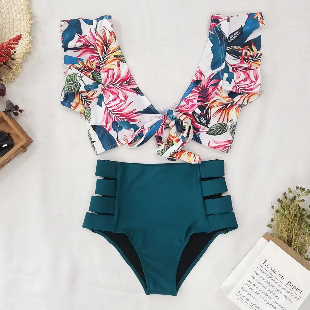 Sexy Bikinis 2023 New Double Shoulder Ruffle Bikini Set High Waist Swimwear Women Swimsuit V-Neck Bathing Suit Beach Wear Swim