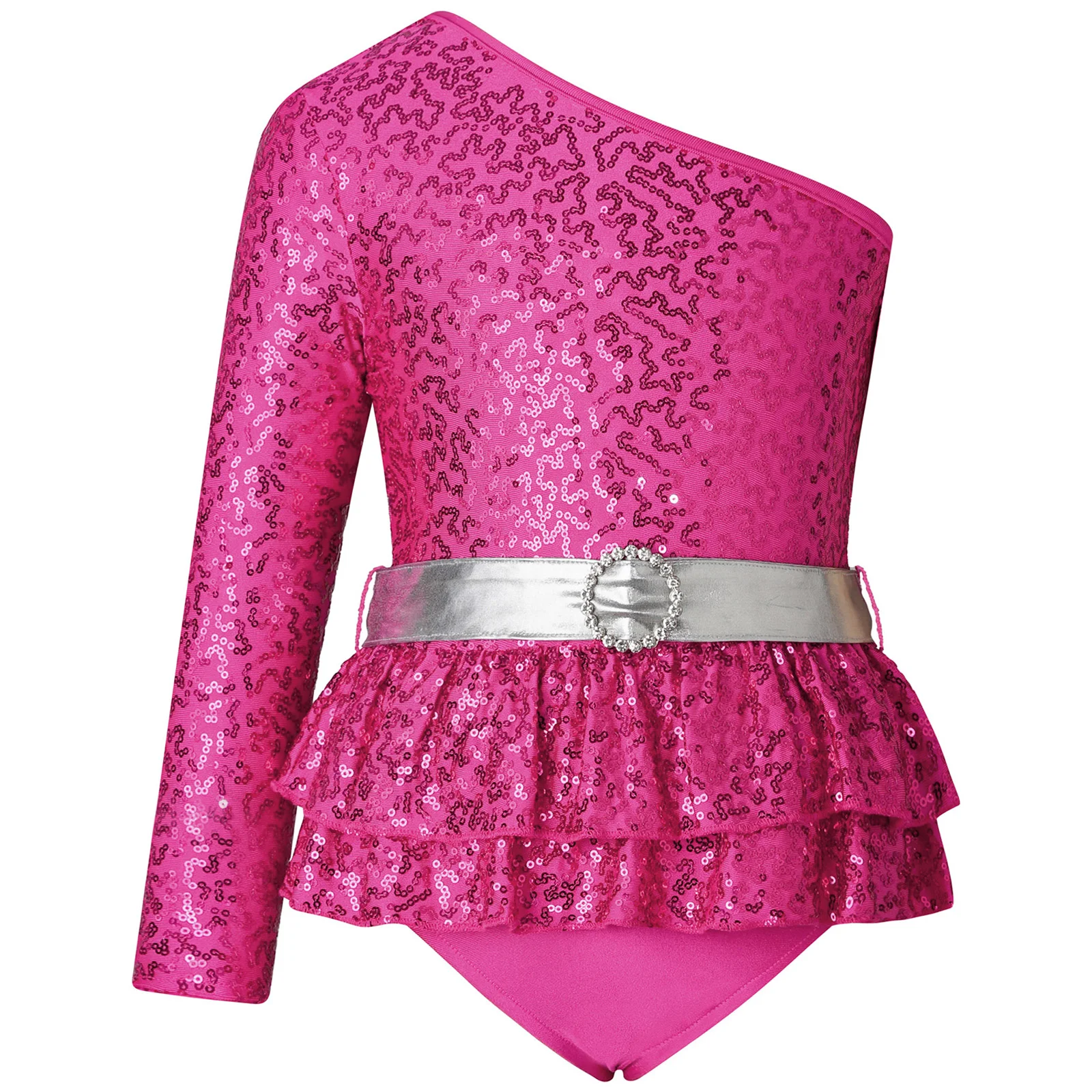 Traje de Leotardos de Ballet para gimnasia para niñas, mono individual de manga larga con hombro oblicuo, lentejuelas brillantes, volantes escalonados, mono con dobladillo