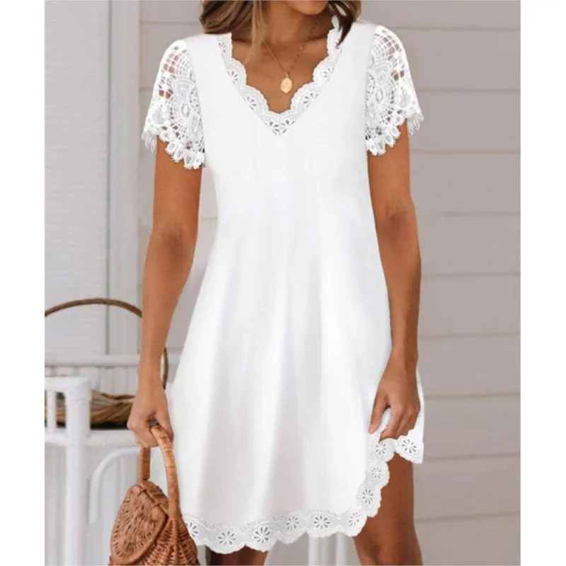 Summer New Solid Color Lace Short Sleeved V-neck Women's Dress Elegant ...