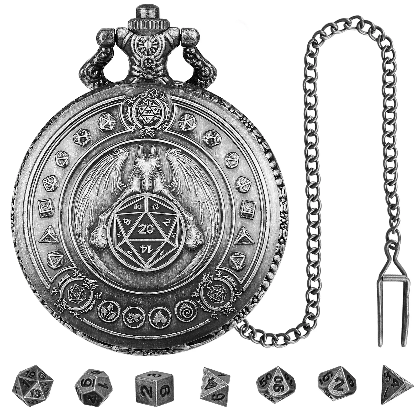 Dragon-Themed Retro Pocket Watch Case with 7-Piece Metal Polyhedral Dice Set