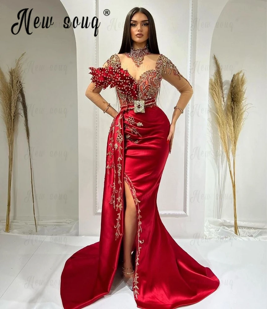

Couture Red Sheer Illusion Neck Evening Dress Gold Beaded Stones Front Slit Wedding Gowns Leaf Design Formal Dresses Side Train