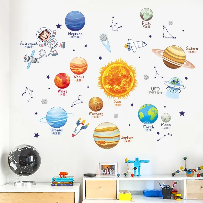 3D Space Travel Sky Cradle Astronauta Rocket Wall Stickers Broken Wall Poster Wall Art Decal Kids Room Decor Boys Favors