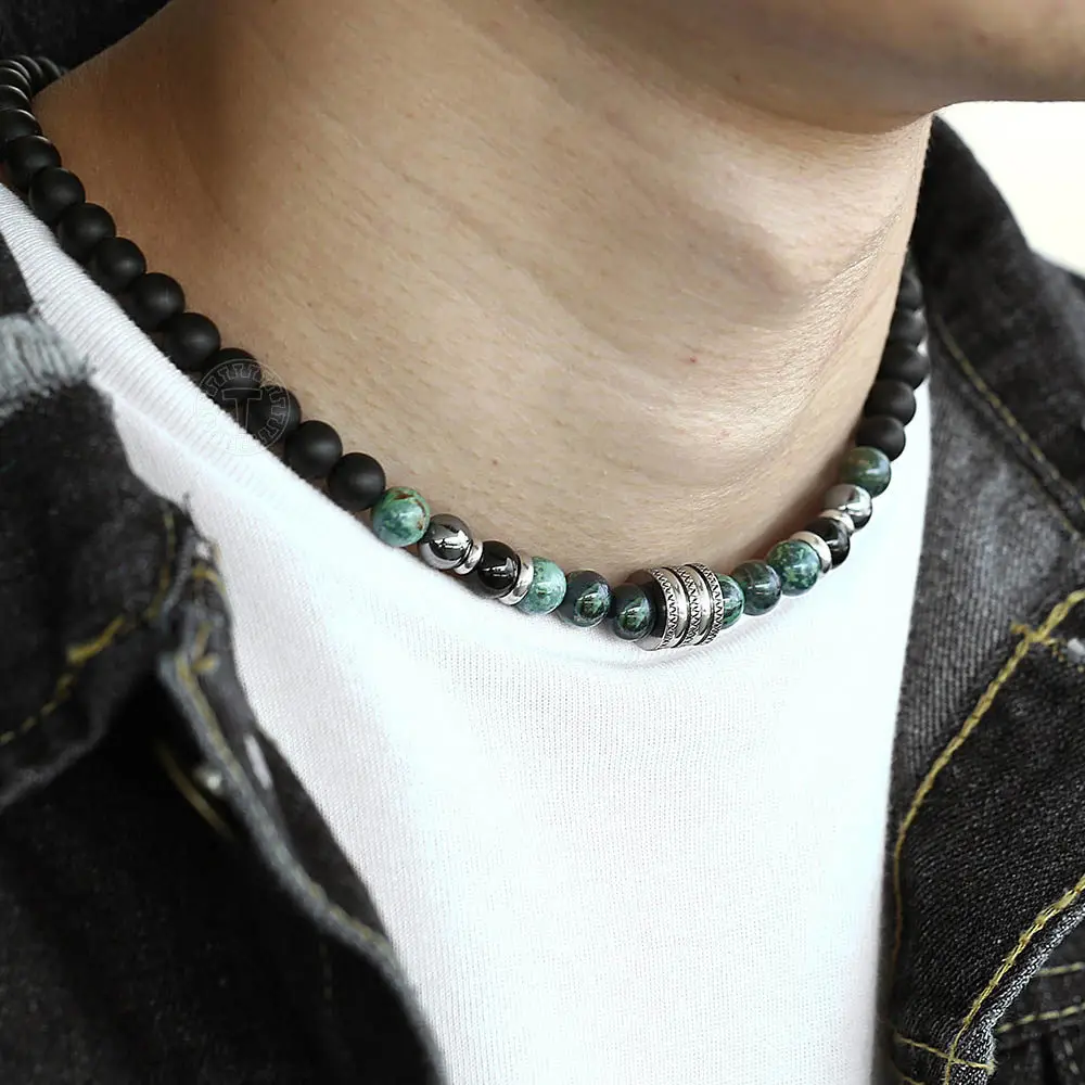 

Natural Tiger Eyes Jasper Stone Mens Bead Necklack Unique Beaded Necklace for Men Women Toggle Clasp Stainless Steel TNB00104