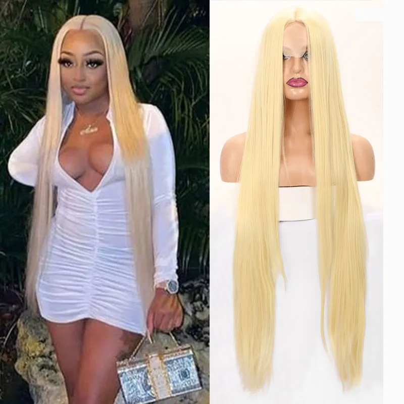 Belle Show Straight Synthetic Wig Middle Part Hair Wig Super Long Lace Front Straight Wigs Natural Soft Blonde Hair For Women