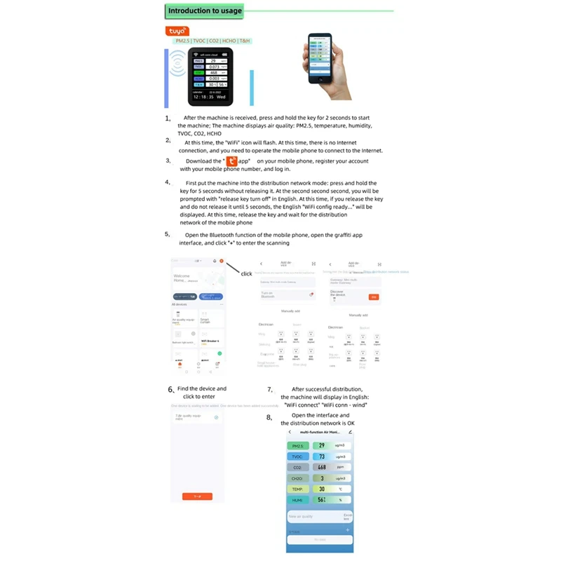 

Умный анализатор качества воздуха Tuya Wi-Fi 7 в 1, измеритель CO2, TVOC, HCHO, PM2.5 тестер формальдегида, белый детектор газа